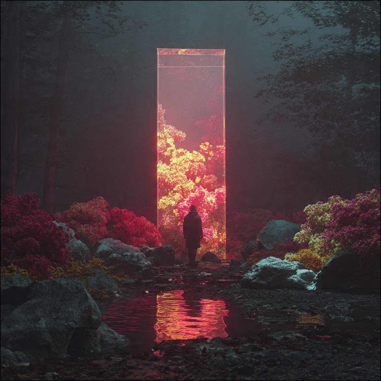 Person standing before illuminated forest gateway